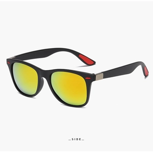 Side view of matte black polarized sunglasses with orange mirrored lenses and red temple tips