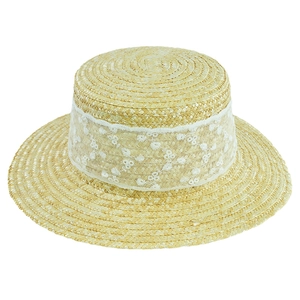 Elegant beige straw boater hat with white floral lace trim for beach sun protection