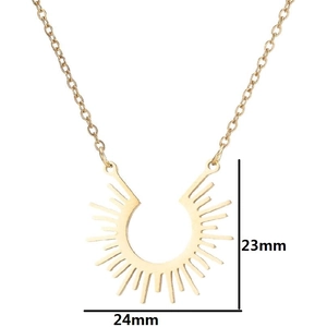 Minimalist gold stainless steel necklace with sun horseshoe pendant measuring 23mm by 24mm