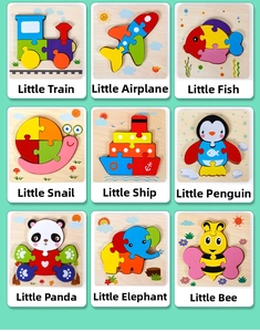Detail view of 9 wooden animal and vehicle 3D puzzles with colorful educational blocks