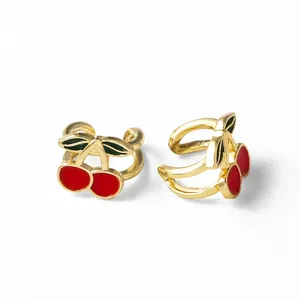 Minimalist 18k gold plated cherry ear bone clip with red enamel fruit and green leaf