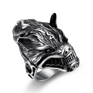 Rugged stainless steel viking wolf ring with vintage silver finish and 3D relief details