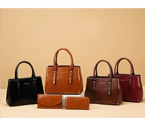 Detailed set of fashion tote bags and wallets in black, caramel, and dark brown leather