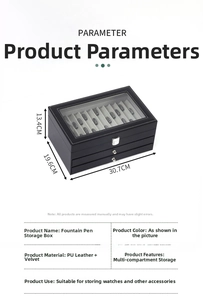 Three-layer black PU leather pen display case with glass window and dimensions 30.7x19.6x13.4cm