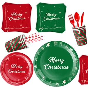 Christmas party tableware set including red and green paper plates, cups and napkins