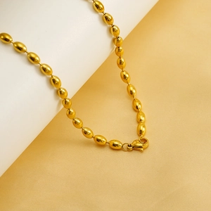 Elegant gold olive bead necklace with polished metal finish and lobster clasp