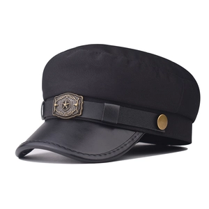 Vintage Military Cap Flat Top Cotton PU Leather Brim Pentagram Badge British Style Punk Outdoor Hat For Women