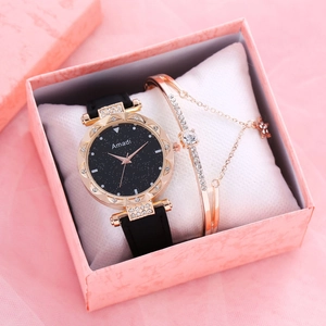 Reloj de Cielo Estrellado para Mujer Moda Caja de Aleación de Strass Correa de Cuero de Imitación Joyería Pulsera Juego de Caja de Regalo para Mujer Niña Estudiante
