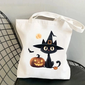 Sac fourre-tout en toile Halloween chat noir et citrouille avec grande capacité réutilisable