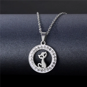 Polished stainless steel cat silhouette necklace with sparkling crystal halo on round pendant
