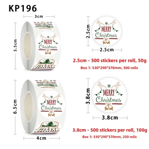 Detail view of 2.5cm and 3.8cm Christmas roll stickers with size and weight specs