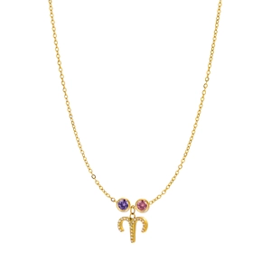 Detail of gold Aries zodiac pendant with pink and purple gemstones and crystal accents