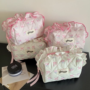 Quilted Floral Cosmetic Bag Ruffle Edge Bowknot Makeup Pouch Portable Toiletry Organizer Kawaii Pencil Case For Women Girls