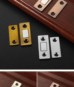 Close-up of ultra-thin magnetic door catches in gold, silver, and bronze finishes