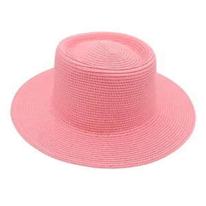 French style pink woven straw sun hat with flat top and wide brim for summer protection