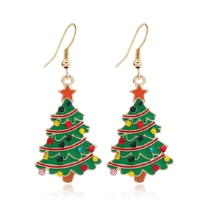 Detail view of green Christmas tree earrings with colorful rhinestones and gold hooks