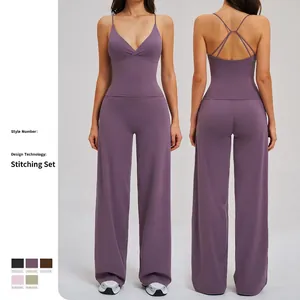 Ensemble de Yoga Brossé pour Femmes Débardeur Dos Croisé Et Pantalon Large Taille Haute Couleur Unie Tenue de Sport