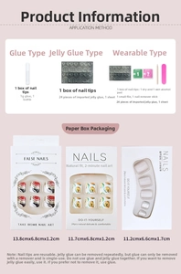 Detailed view of press-on toe nail kit including various styles, glue, and tools in packaging