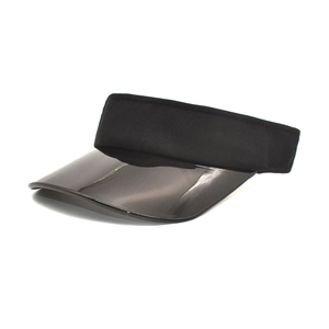 Detail view of the black elastic band and smoky translucent PVC visor on this sun hat