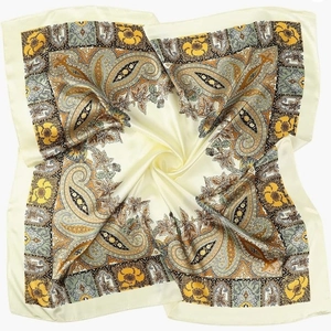 90x90cm beige satin square scarf with vintage paisley floral patterns and silky finish