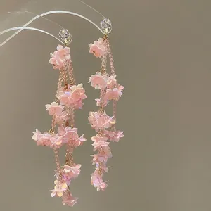 Romantic pink sequin flower tassel earrings with crystals for a beach vacation look