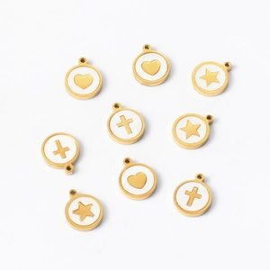 Golden stainless steel shell pendants with heart star and cross motifs for DIY jewelry