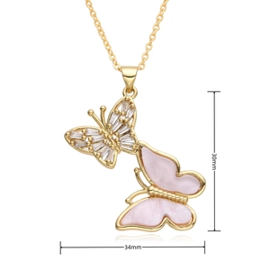 Detail view of double butterfly pendant necklace with size dimensions 30mm and 34mm