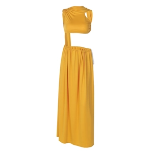 Detail of a bright yellow cut-out maxi dress with asymmetrical neckline and side waist detail