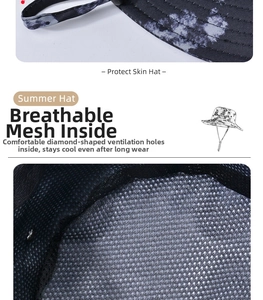 Detail view of summer bucket hat featuring breathable diamond mesh lining and tie-dye fabric
