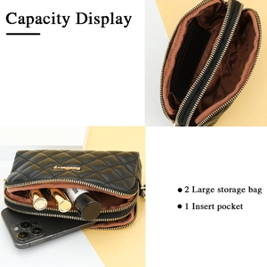 Elegant black quilted leather long clutch purse with double gold zippers and phone storage