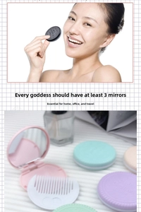 Detail showing creative chocolate cookie-style portable mirror and comb set in pastel colors