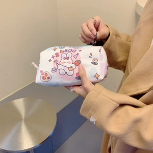 Canvas Pencil Case Large Capacity Cartoon Rabbit Bear Print Zippered Cosmetic Storage Bag For Students Girls Kawaii Stationery Organizer