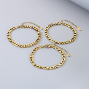 Three elegant gold-plated stainless steel Cuban and Figaro link anklets with lobster clasps