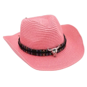 Pink straw cowboy hat detail showing ethnic totem ribbon and silver longhorn skull buckle