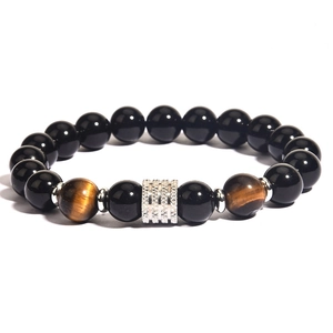Polished black obsidian and brown tiger eye stone bracelet with silver cylinder detail