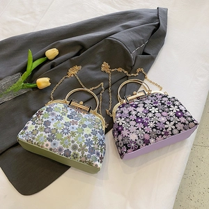 Artistic floral shell bag with metal clasp and chain strap in blue and purple styles