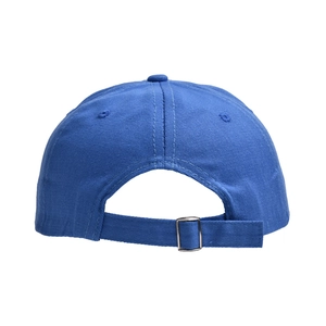 Detail of blue baseball cap back with adjustable fabric strap and silver metal buckle