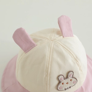 Kids thin cotton sun hat with cute cartoon bunny embroidery and pink 3D fabric ears
