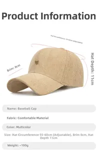 Detail view of khaki herringbone baseball cap with heart metal badge and dimensions