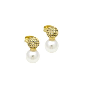Detail of 18k gold plated gourd earrings with white pearl and pave zircon settings