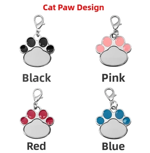 Detailed set of paw-shaped metal pet tags in black, pink, red, and blue with lobster clasps