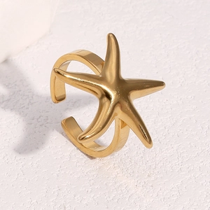 Starfish shaped 18k gold plated stainless steel open ring with adjustable band for women
