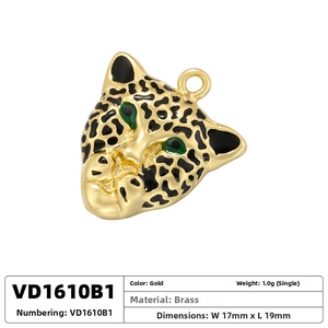 Macro detail of gold-plated brass leopard pendant showing 17mm by 19mm dimensions