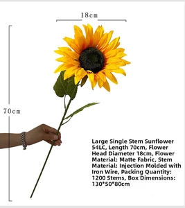 A close-up view showing a hand holding a long artificial sunflower with a 70cm stem