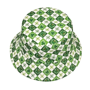 Reversible bucket hat with St. Patrick's Day shamrock and checkerboard print pattern