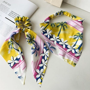 Tropical floral silk scrunchie and ribbon hair tie set with palm tree prints for women