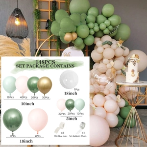 Detailed specification chart of 148pcs balloon arch kit in sage green and gold colors