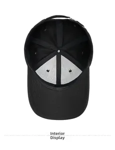 Detailed interior view of a black baseball cap with reinforced seams and structural lining