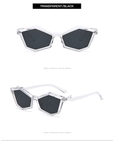 Detail view of transparent polygon sunglasses frame with black lenses and geometric edges