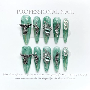 Handmade Press On Nails Green Marble Texture Silver Metal Angel Wings Gothic Y2K Style Long Stiletto Artificial Nails